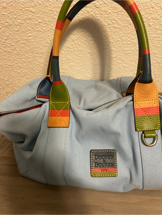 Dooney & Bourke Handbags - Dooney & Bourke Light Blue Canvas Satchel with Multicolor Striped Handles